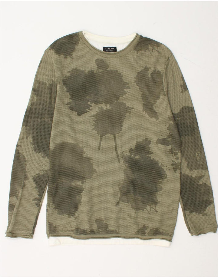 ZARA Top masculino de manga comprida grande algodão camuflado verde