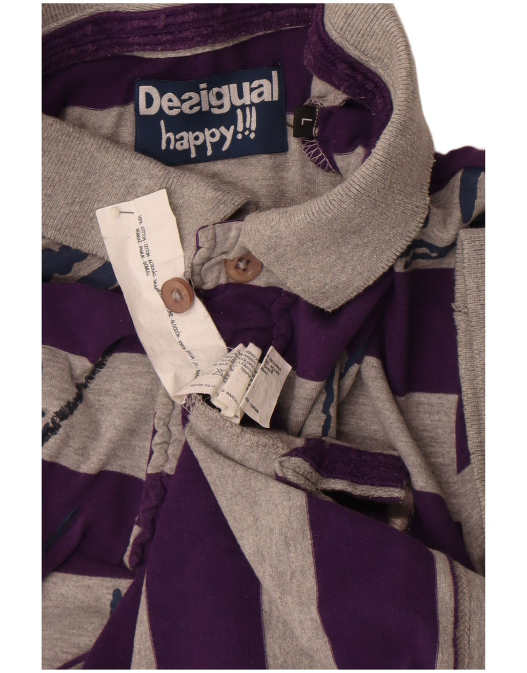 Desigual Camisa polo masculina gráfica grande algodão listrado cinza
