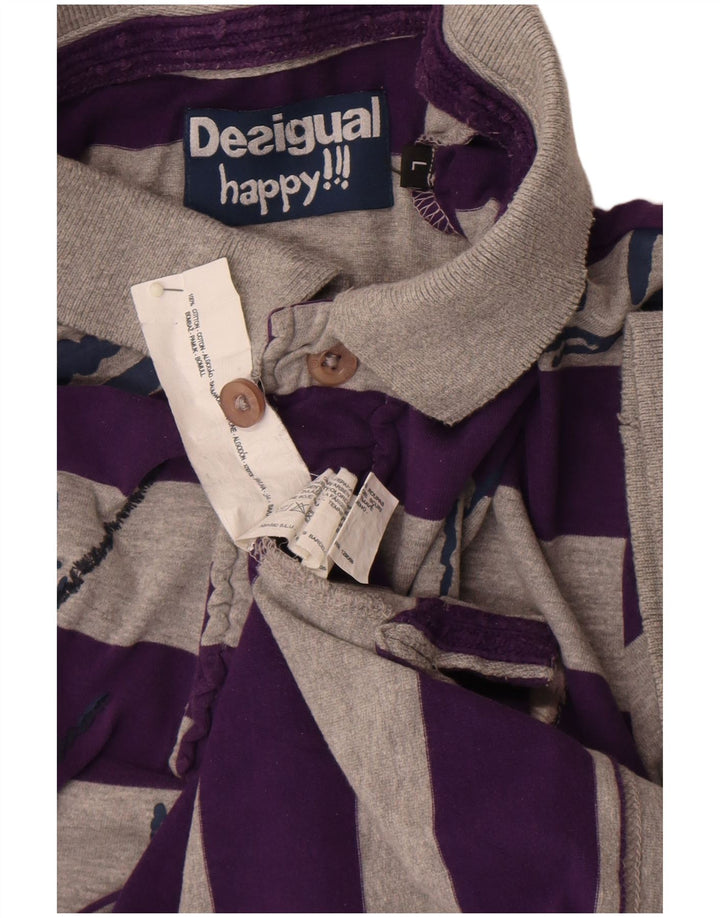 Desigual Camisa polo masculina gráfica grande algodão listrado cinza