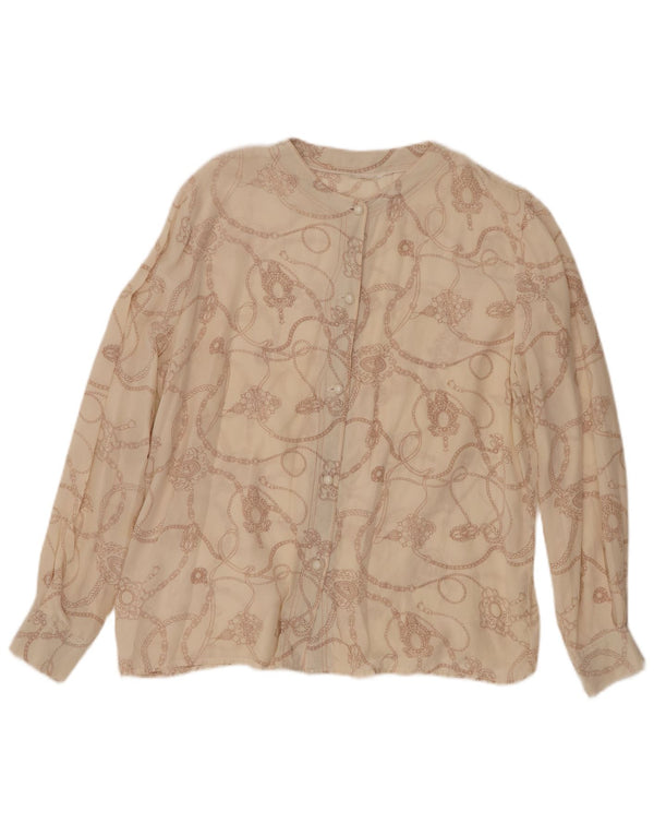 Blusa feminina vintage com camisa gráfica Reino Unido 16 grande seda bege