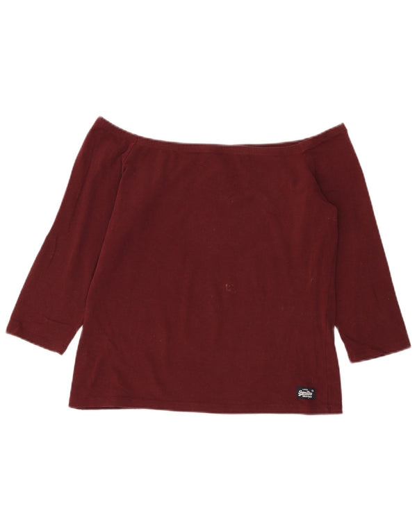 Top feminino Superdry com ombro de fora, manga 3/4, Reino Unido 18 XL, algodão borgonha