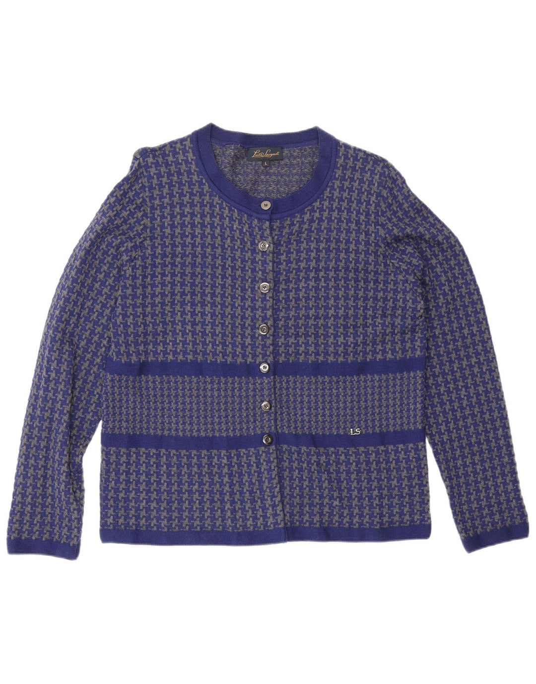 Suéter cardigã feminino Luisa Spagnoli Reino Unido 16 grande lã houndstooth azul