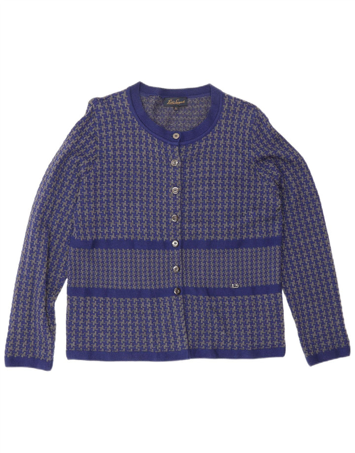 Suéter cardigã feminino Luisa Spagnoli Reino Unido 16 grande lã houndstooth azul