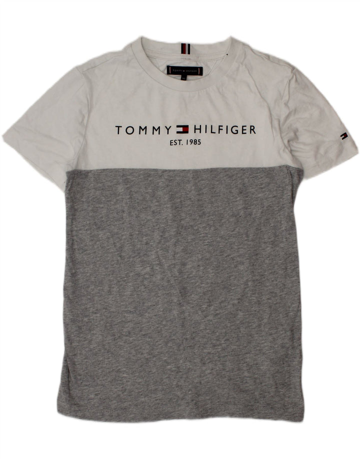 TOMMY HILFIGER Camiseta gráfica masculina 9-10 anos cinza algodão colorblock