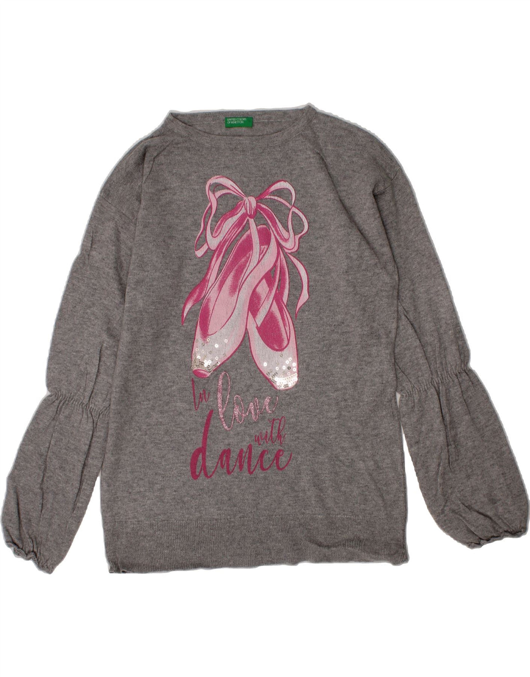 BENETTON Girls Graphic Boat Neck Jumper Sweater 8-9 Years Grey Vintage Benetton and Second-Hand Benetton from Messina Hembry 
