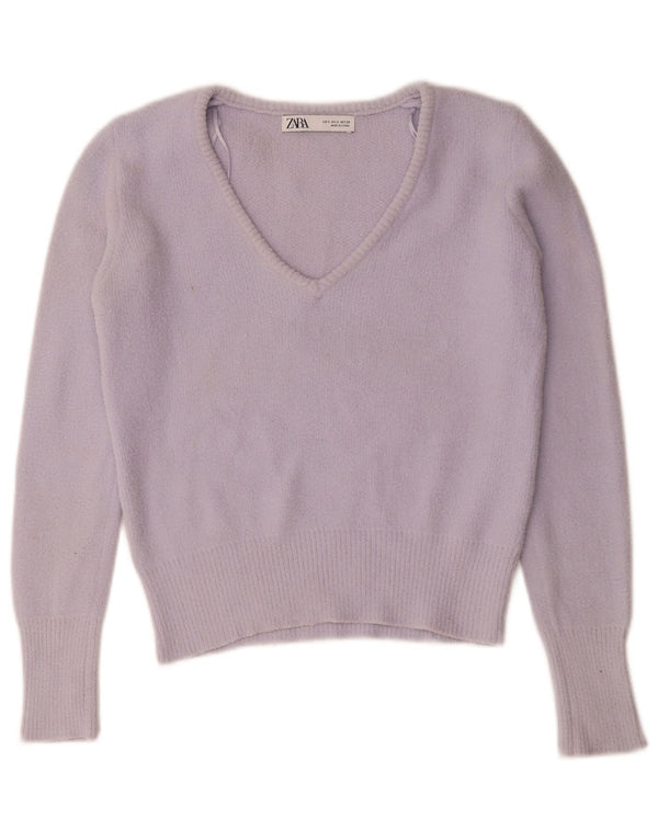 Suéter feminino Zara com decote em V e gola V UK 10 pequeno roxo nylon