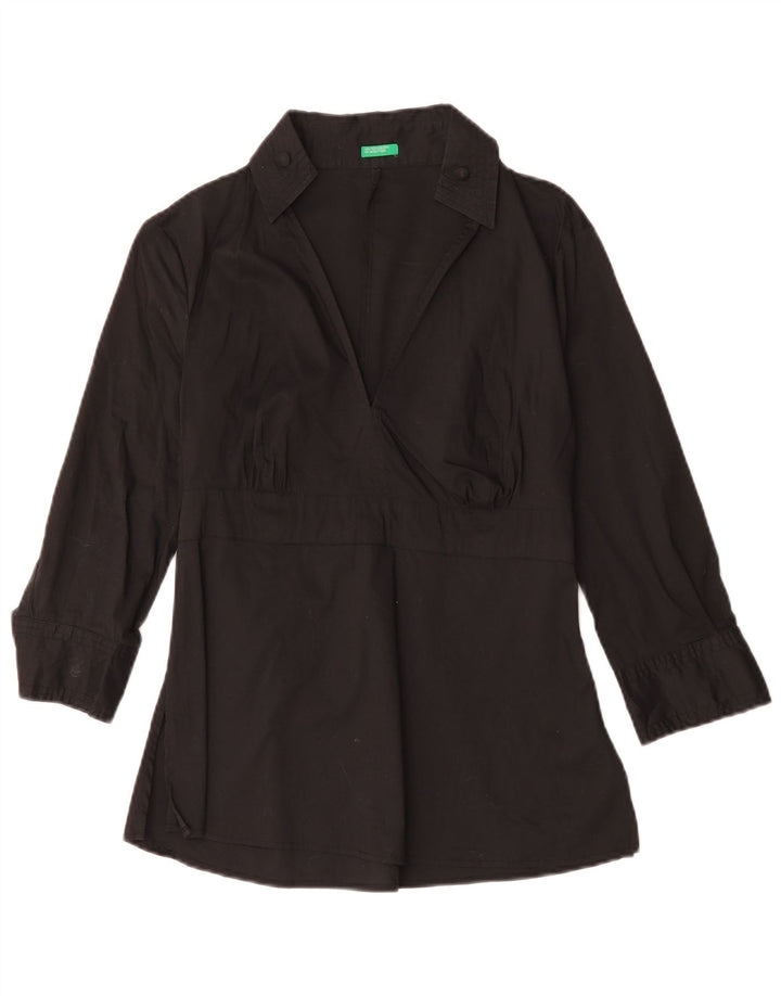 Blusa feminina de manga 3/4 da BENETTON Reino Unido 10 pequeno algodão preto
