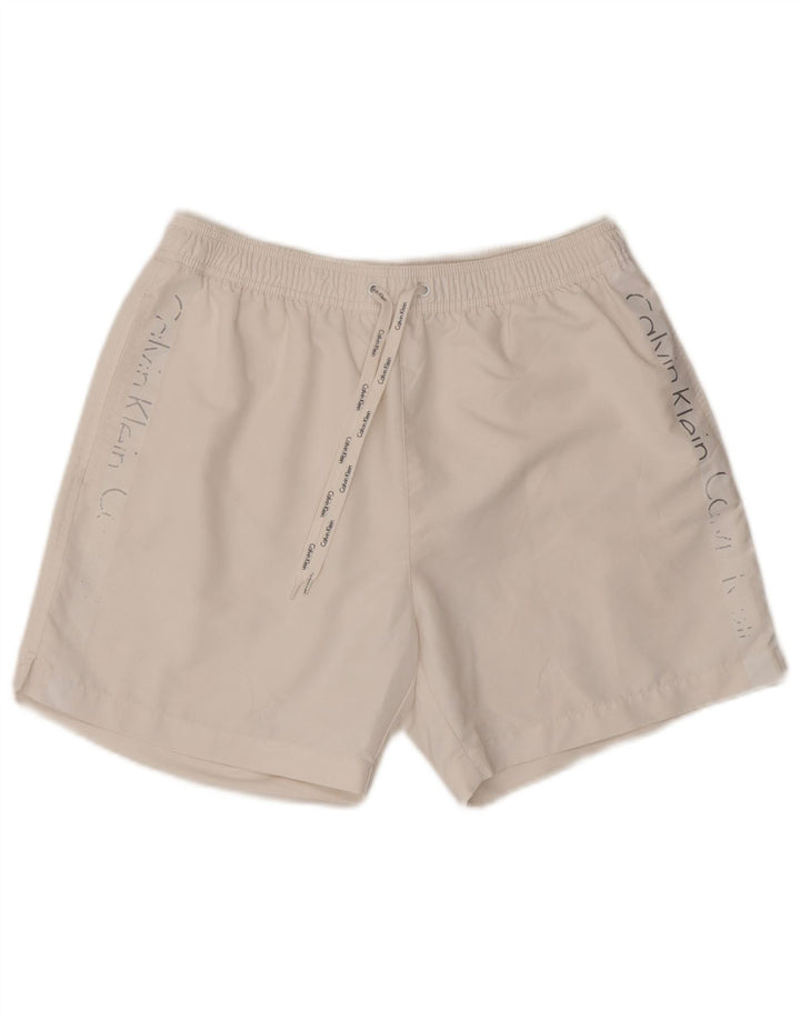 Shorts de natação masculino Calvin Klein gráfico médio branco poliéster
