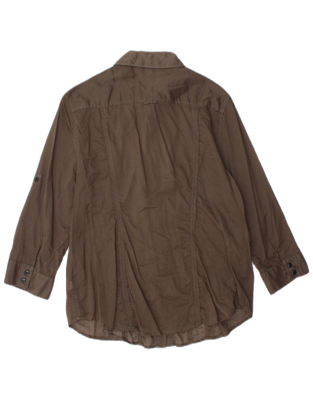 Camisa feminina CALVIN KLEIN manga 3/4 com babados na frente Reino Unido 14 grande algodão marrom