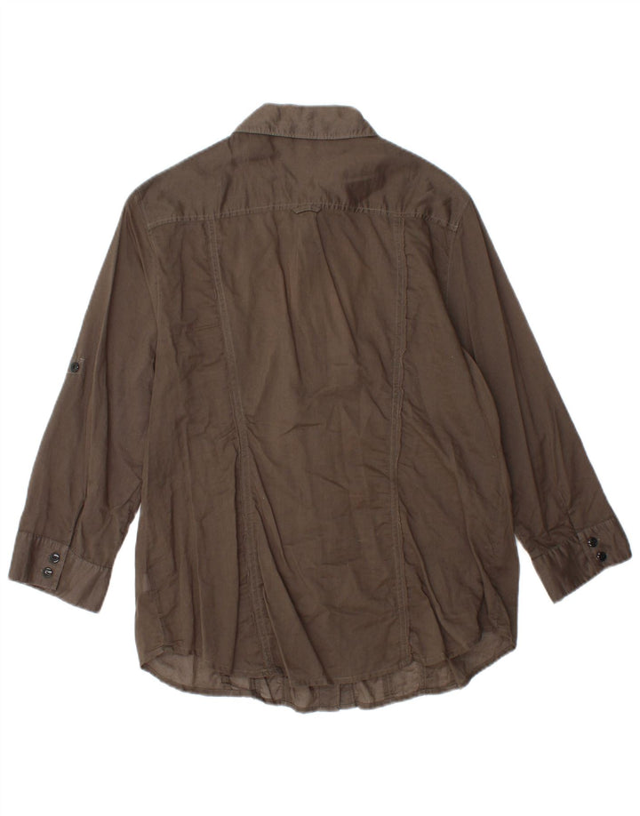 Camisa feminina CALVIN KLEIN manga 3/4 com babados na frente Reino Unido 14 grande algodão marrom