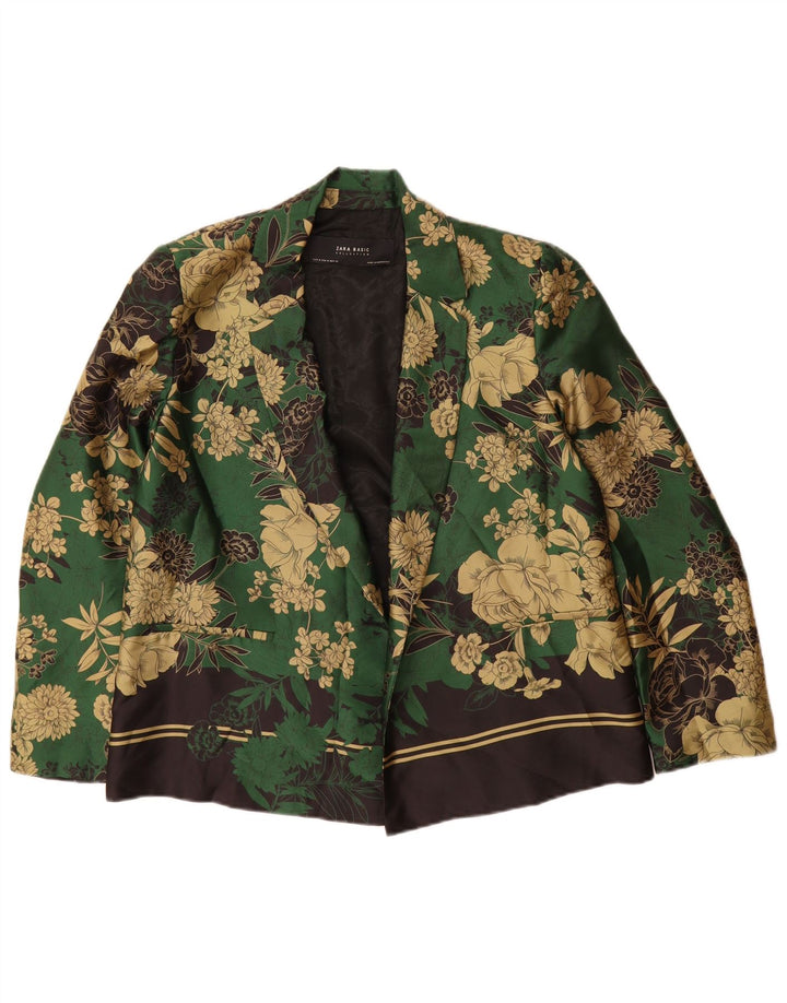 Zara Womens Open Blazer Jacket UK 14 Poliéster Floral Verde Médio