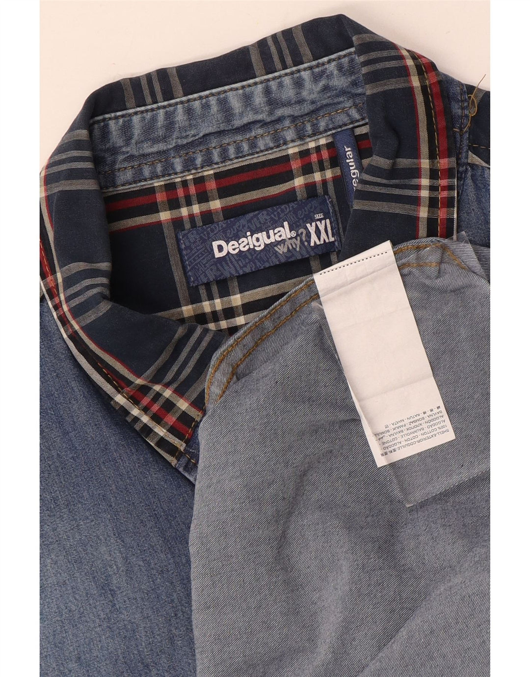 Camisa jeans masculina Desigual Regular Fit 2XL azul patchwork algodão
