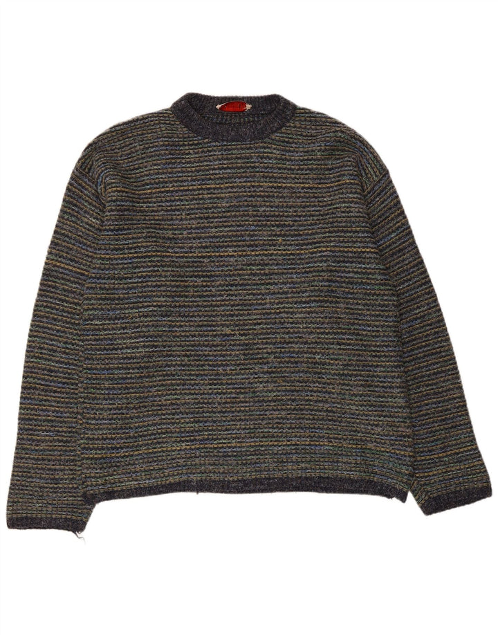 Suéter vintage masculino com gola redonda, grande lã listrada multicolorida