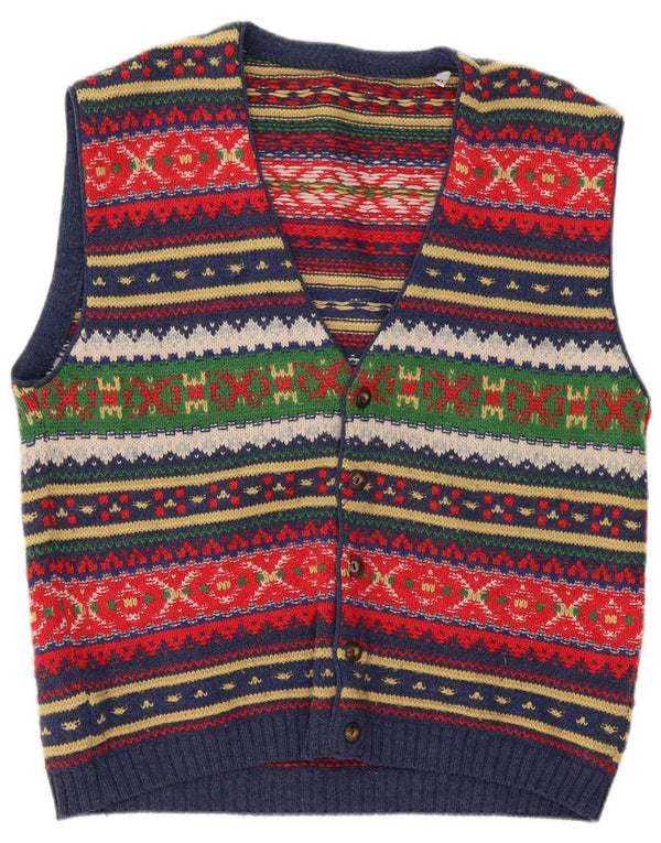 Suéter cardigã masculino vintage sem mangas XL multicolorido Fair Isle Wool