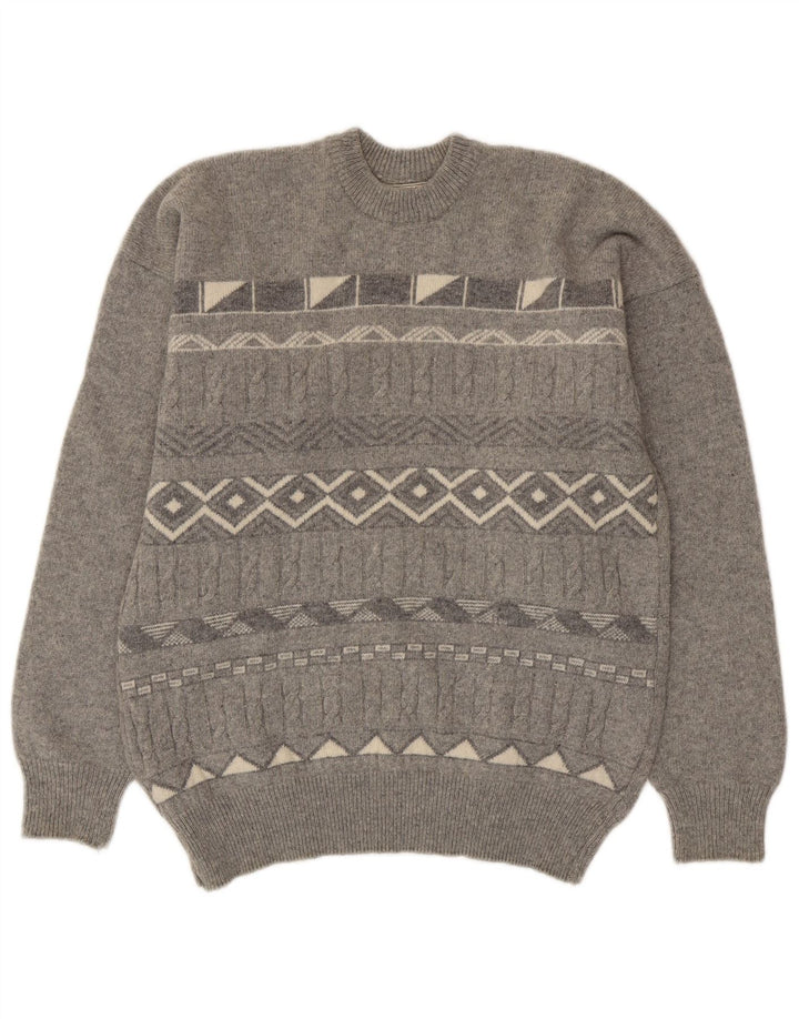 Suéter vintage masculino com gola redonda cinza médio geométrico