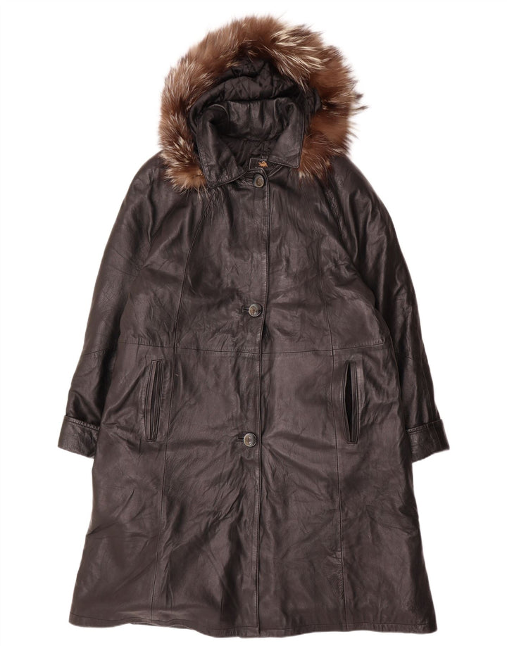 Casaco feminino de couro com capuz grande VINTAGE Reino Unido 14 couro preto médio