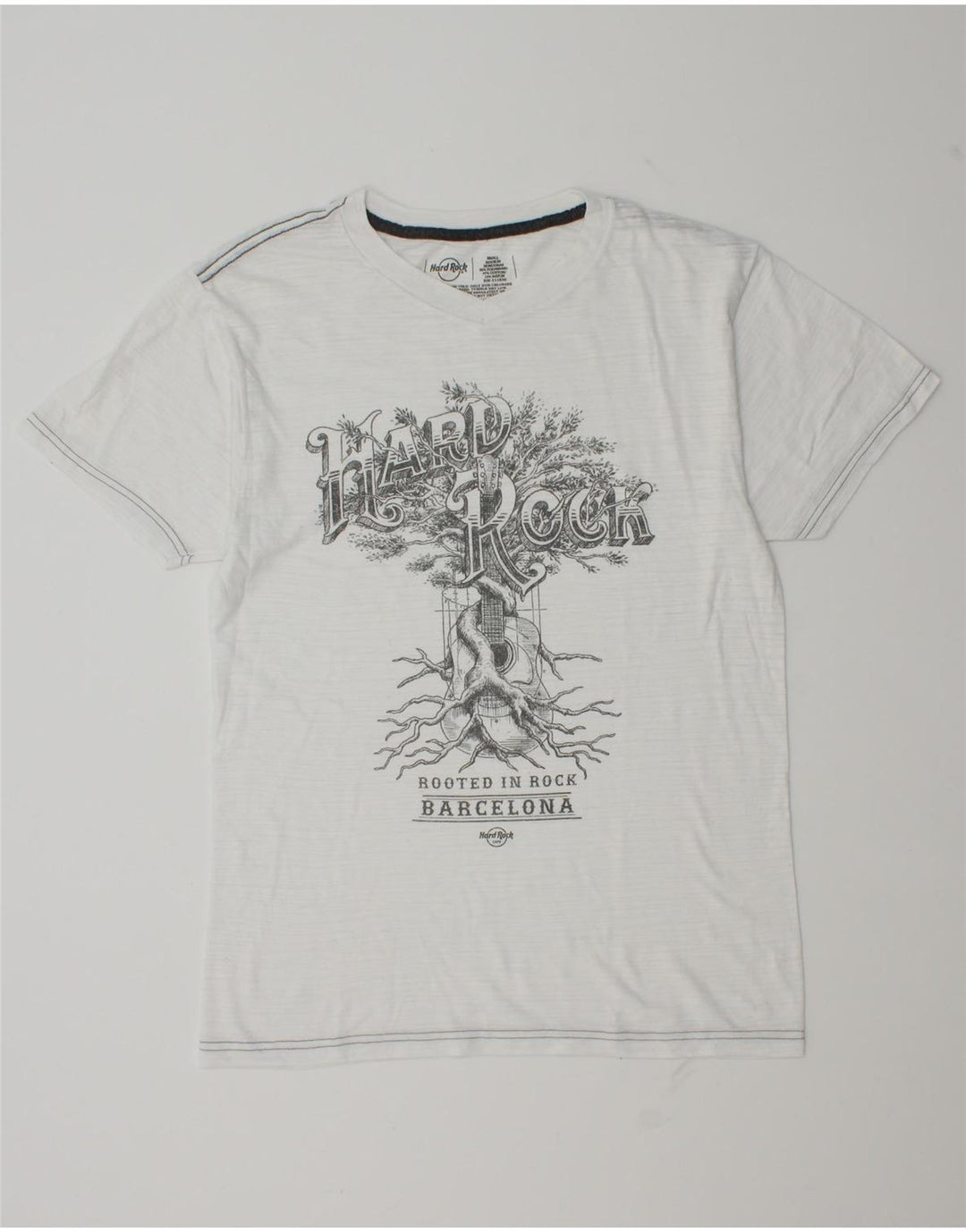 Camiseta masculina Hard Rock Cafe Barcelona com estampa gráfica pequena de poliéster branco