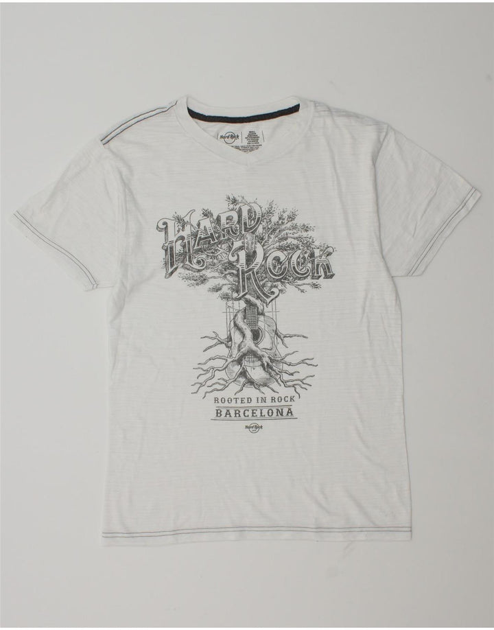 Camiseta masculina Hard Rock Cafe Barcelona com estampa gráfica pequena de poliéster branco