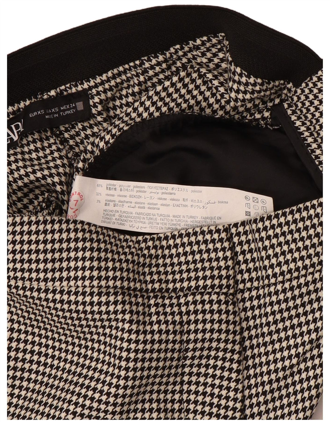 Calça feminina Zara Slim Suit XS W24 L27 preta houndstooth poliéster