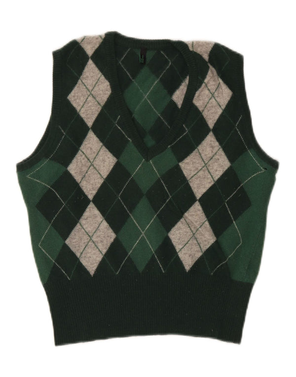 Benetton Womens Crop Vest Tank Top UK 12 Medium Green Argyle/Diamond
