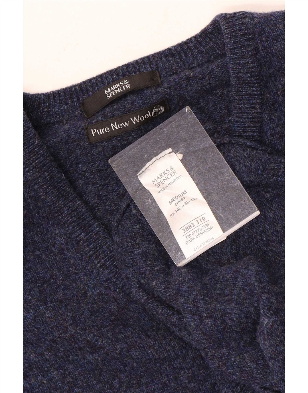 Suéter masculino Marks & Spencer com decote em V, lã manchada azul marinho médio