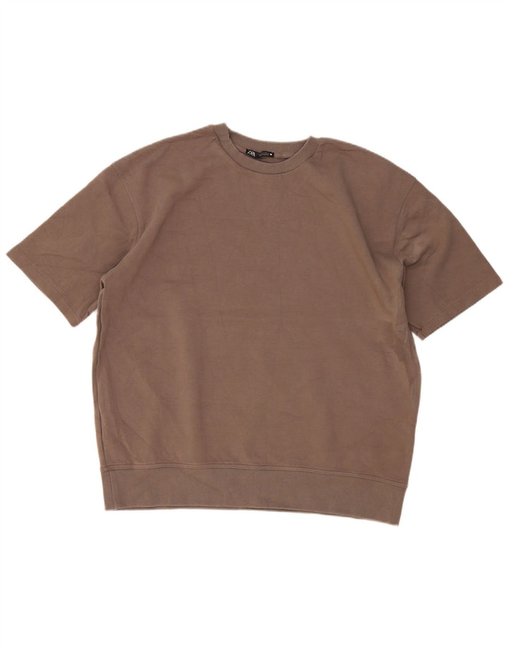 Zara moletom feminino de manga curta oversized jumper Reino Unido 14 médio bege