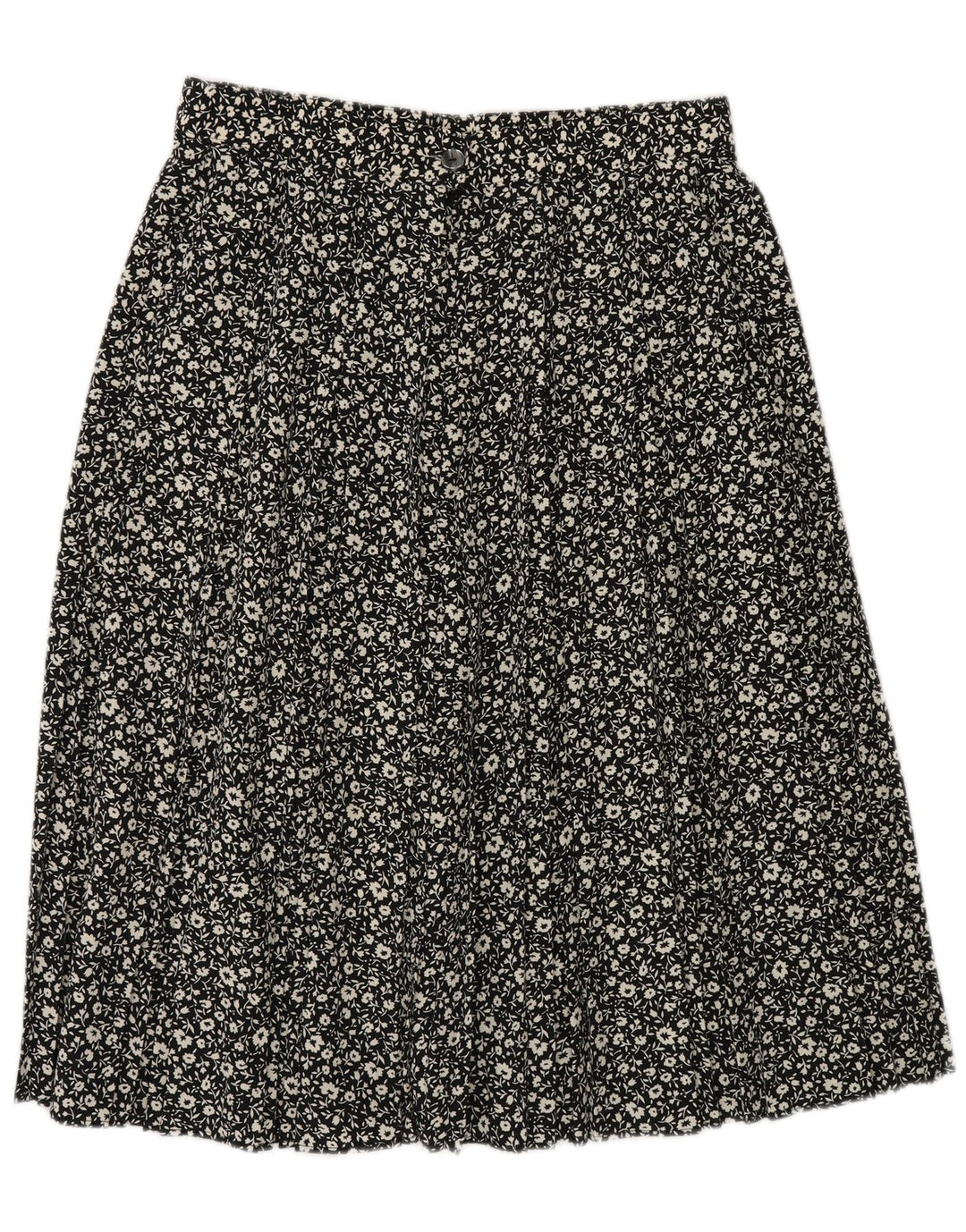 Saia feminina St Michael A-Line UK 16 grande W30 poliéster floral preto