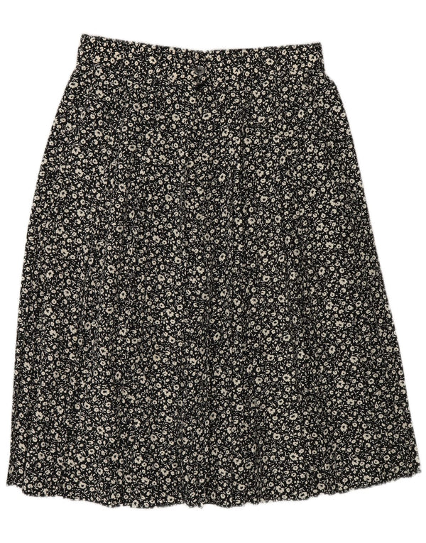 Saia feminina St Michael A-Line UK 16 grande W30 poliéster floral preto
