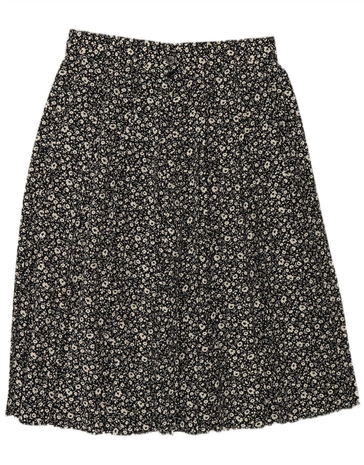 Saia feminina St Michael A-Line UK 16 grande W30 poliéster floral preto