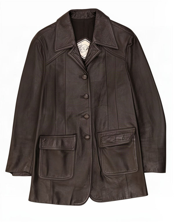 Casaco de couro feminino vintage UK 12 médio preto