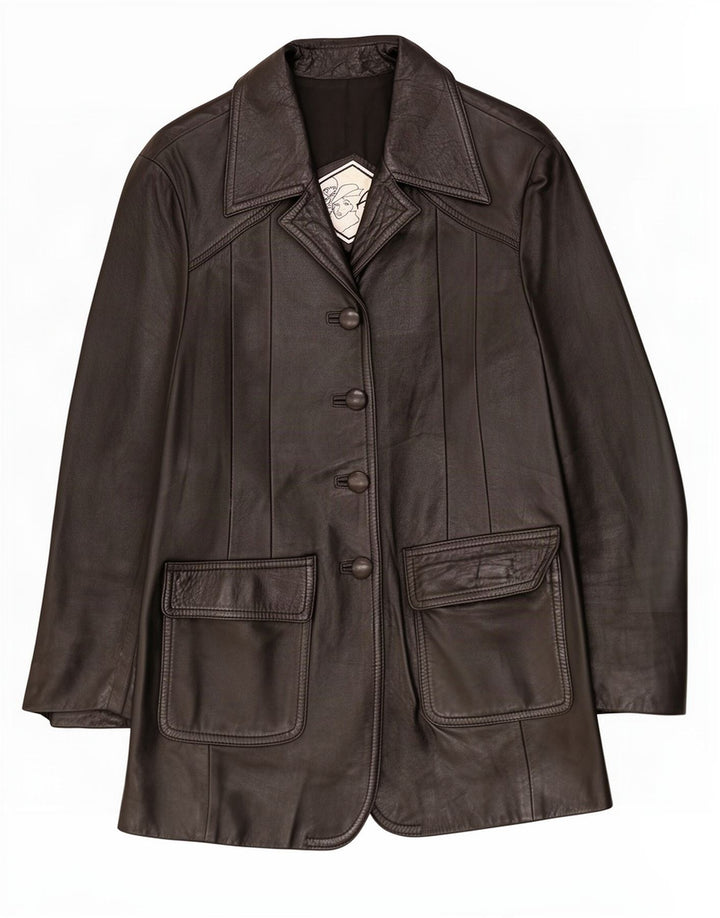 Casaco de couro feminino vintage UK 12 médio preto