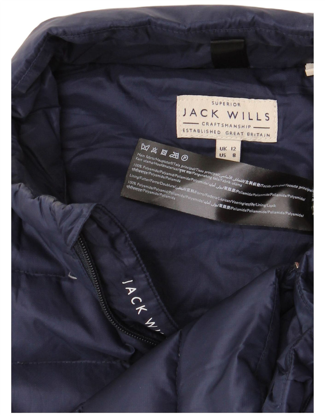JACK WILLS Colete acolchoado feminino UK 12 médio azul marinho poliamida