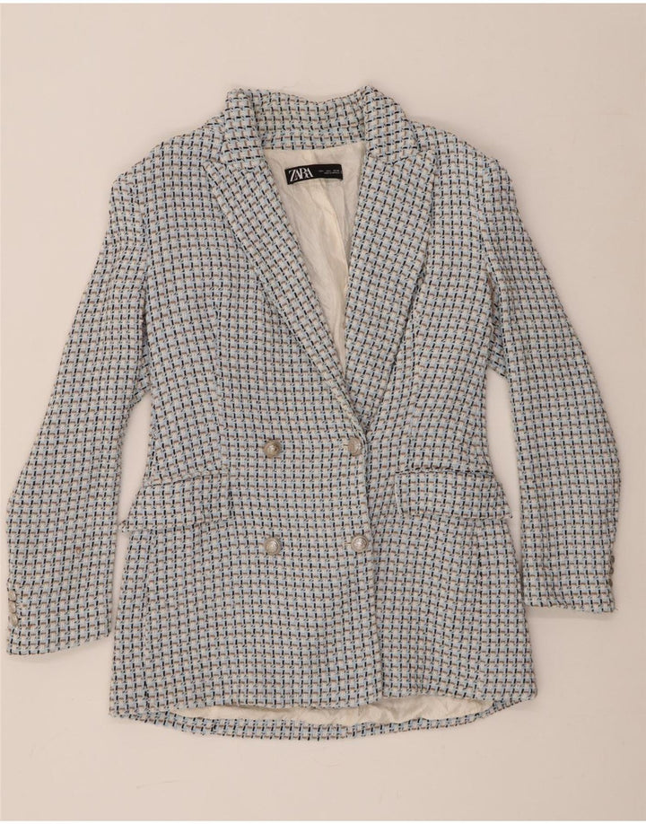 Jaqueta blazer feminina Zara com peito duplo Reino Unido 14 grande algodão guingão azul