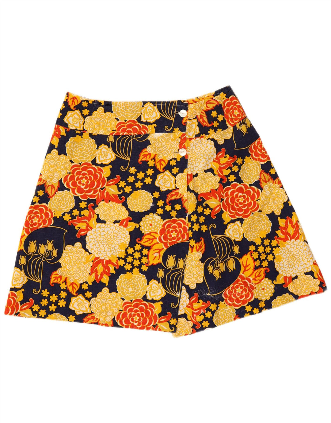 Mini saia envoltória feminina vintage W30 médio floral amarelo retrô