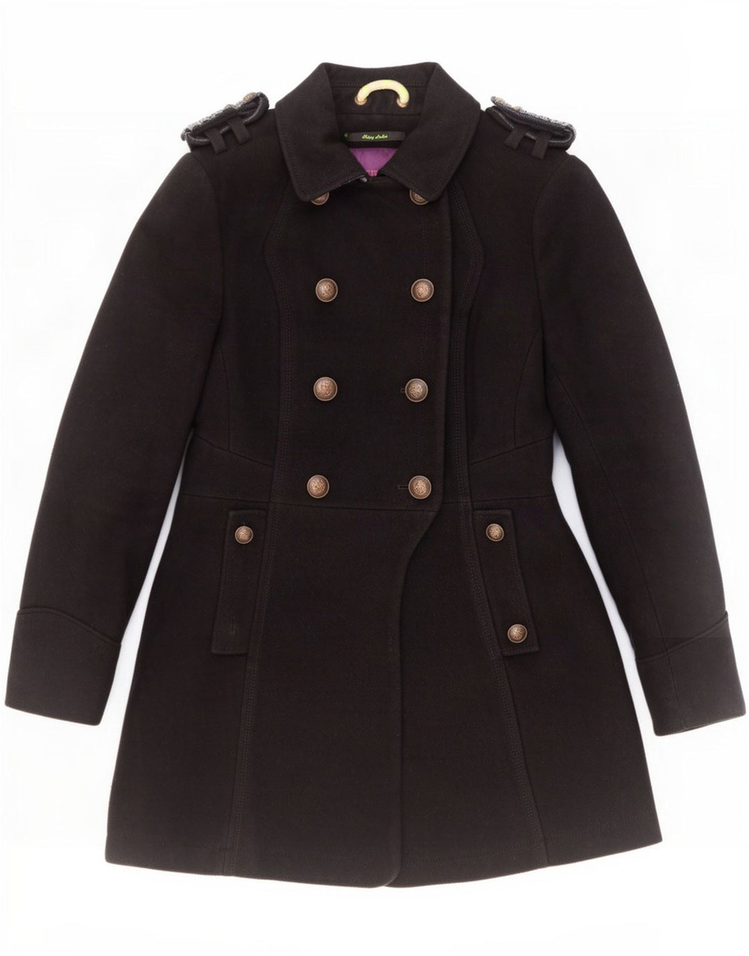 Casaco feminino Superdry militar duplo breasted Reino Unido 10 lã preta pequena