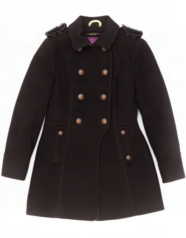 Casaco feminino Superdry militar duplo breasted Reino Unido 10 lã preta pequena