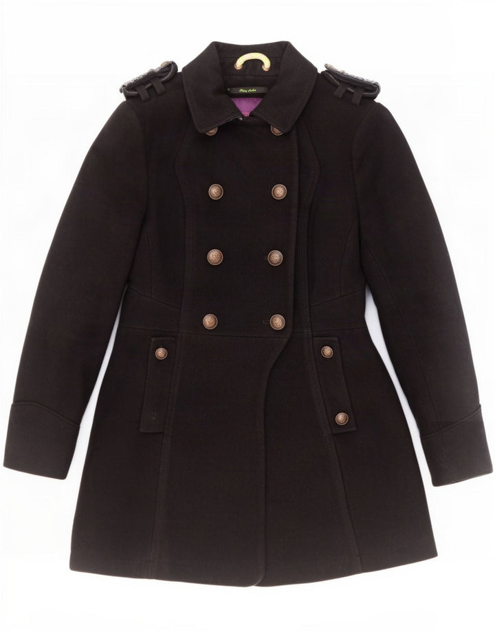 Casaco feminino Superdry militar duplo breasted Reino Unido 10 lã preta pequena