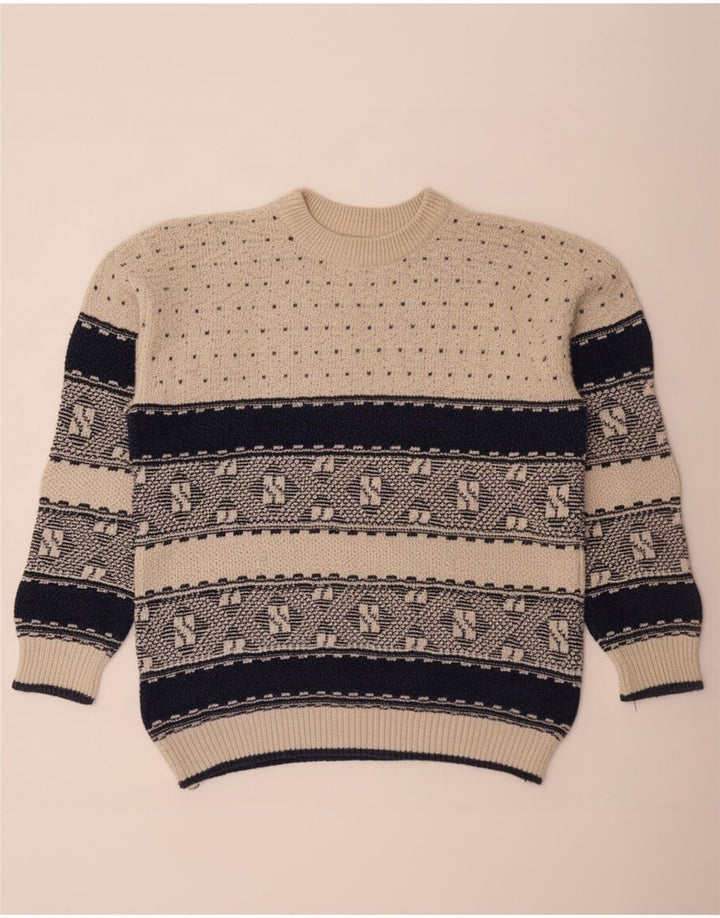 Suéter vintage masculino com gola redonda, grande bege geométrico