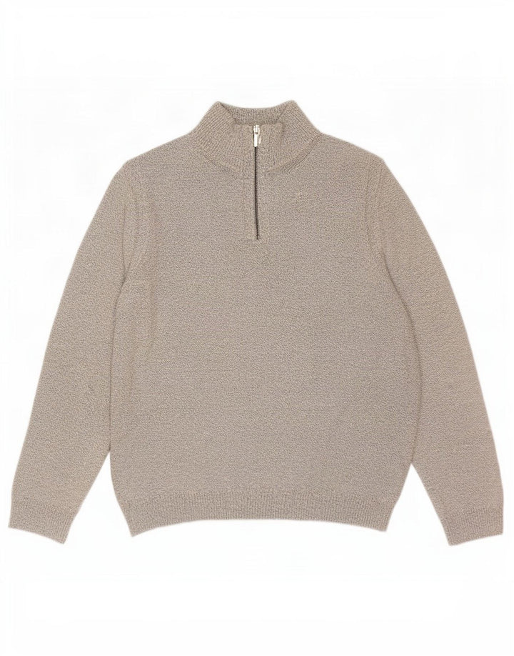 Suéter masculino Marks & Spencer com zíper e gola grande de algodão manchado branco