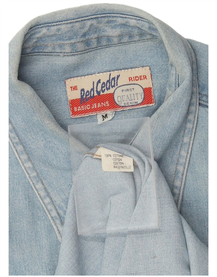Camisa jeans masculina vintage algodão azul médio