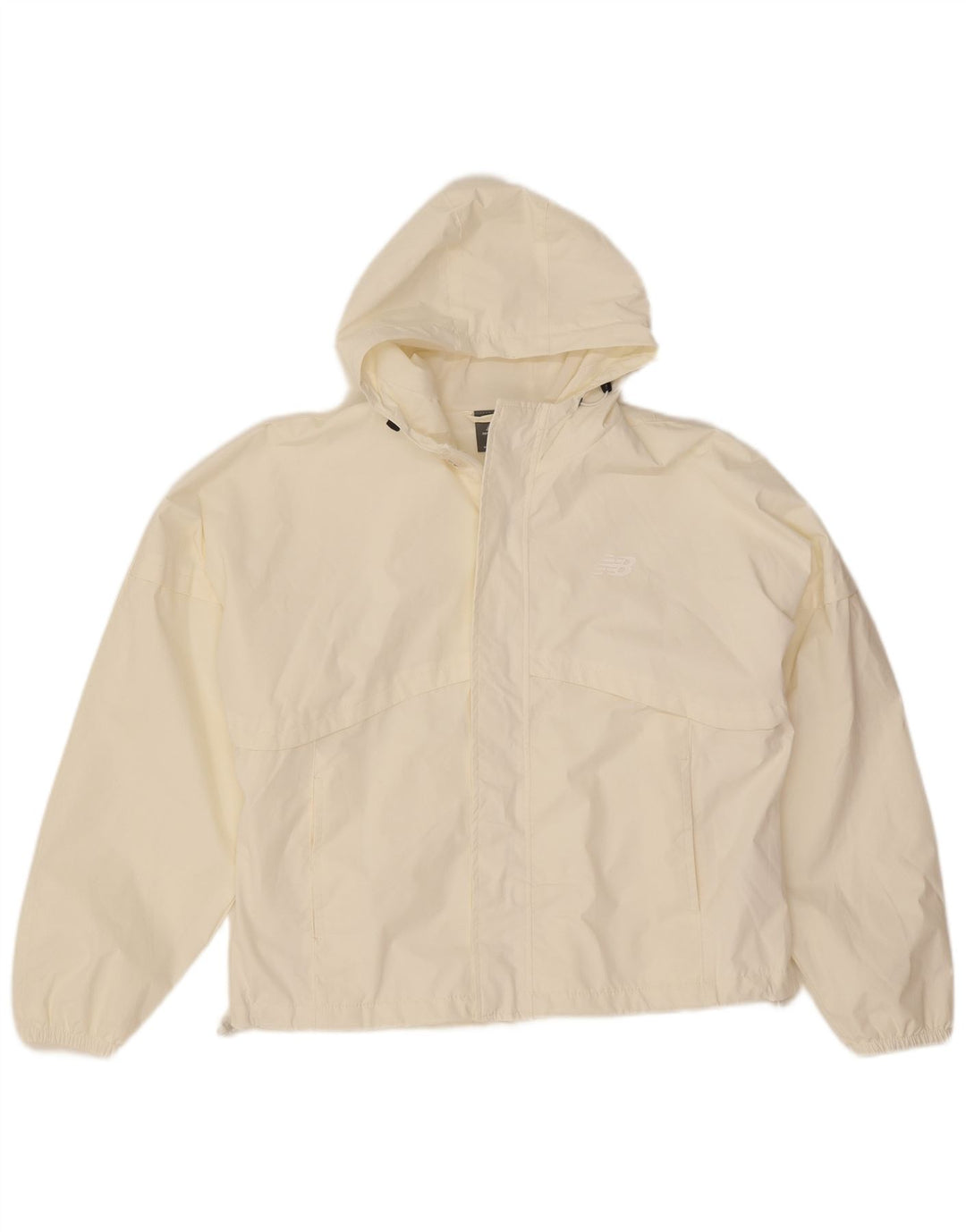 Jaqueta corta-vento feminina New Balance com capuz grande UK 14 médio branco