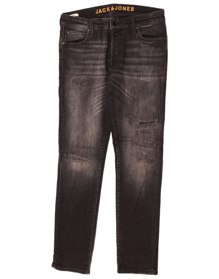 Jack & Jones Mens GLENN Distressed Slim Jeans W33 L32 Algodão Preto