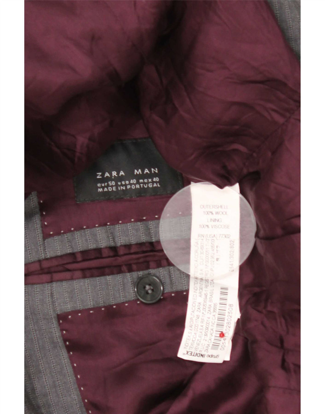 Jaqueta blazer masculina Zara com 3 botões EU 50 lã listrada cinza médio