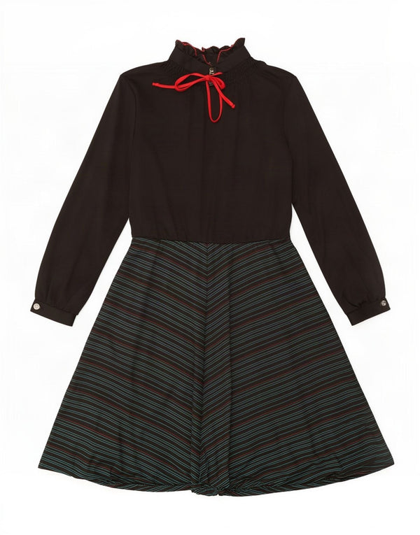 Vestido vintage feminino manga comprida linha A UK 12 listrado preto médio