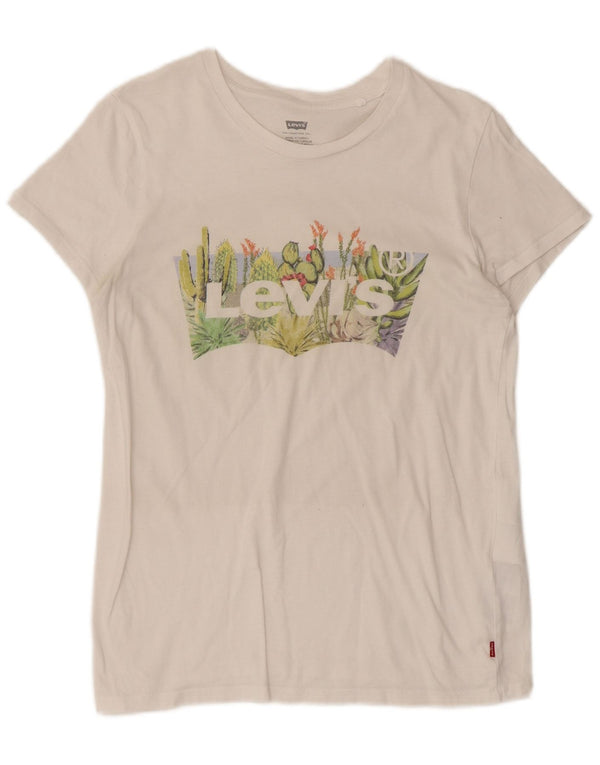Camiseta feminina gráfica Levi's Top UK 10 pequeno algodão branco