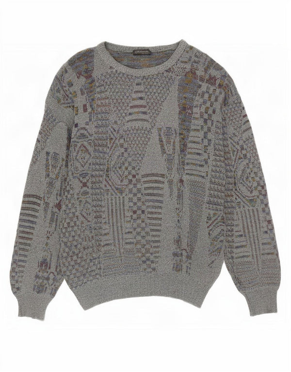 Suéter vintage masculino com gola redonda, pequeno cinza geométrico