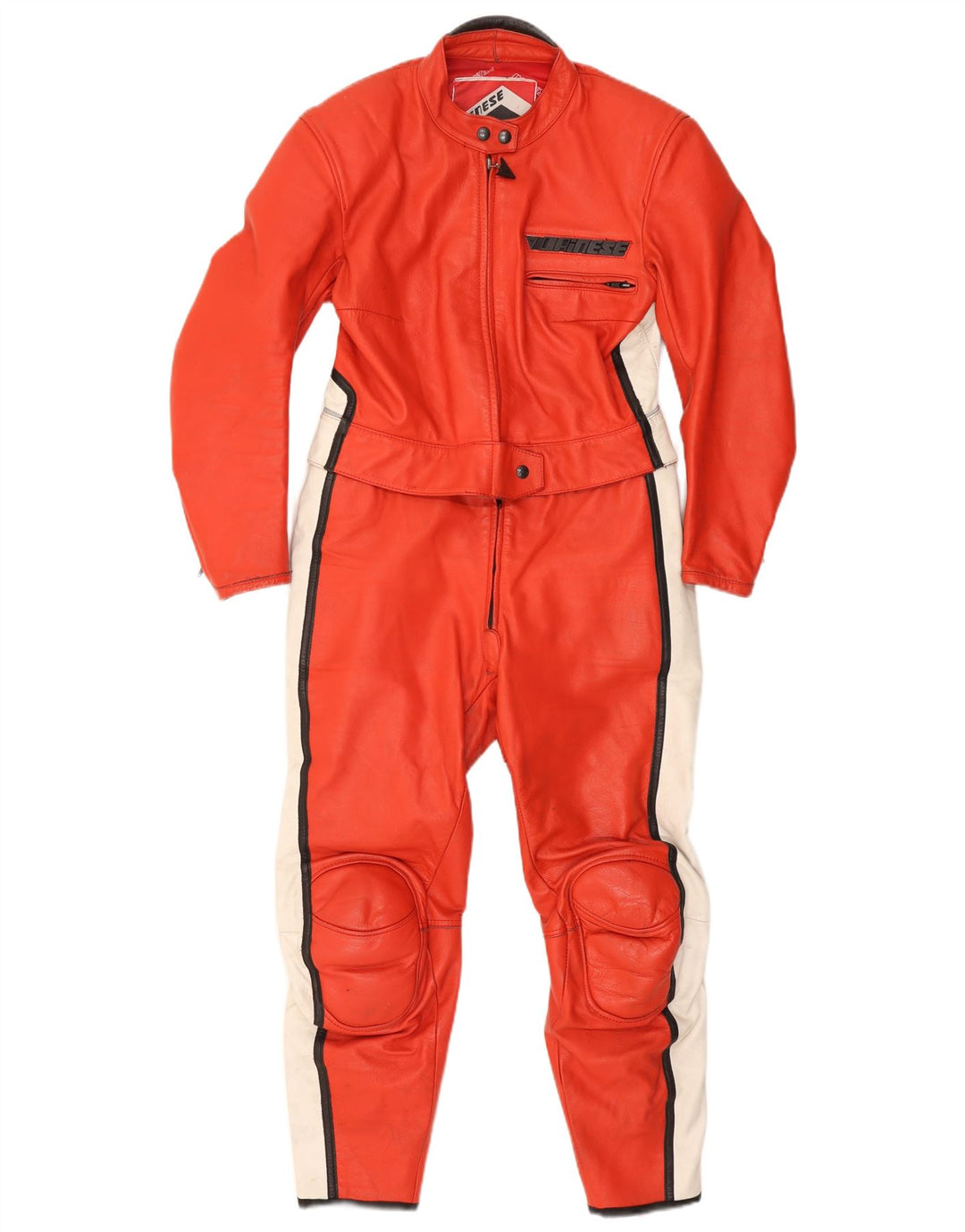 Macacão feminino Dainese para motocicleta com estampa gráfica UK 14 bloco colorido vermelho médio