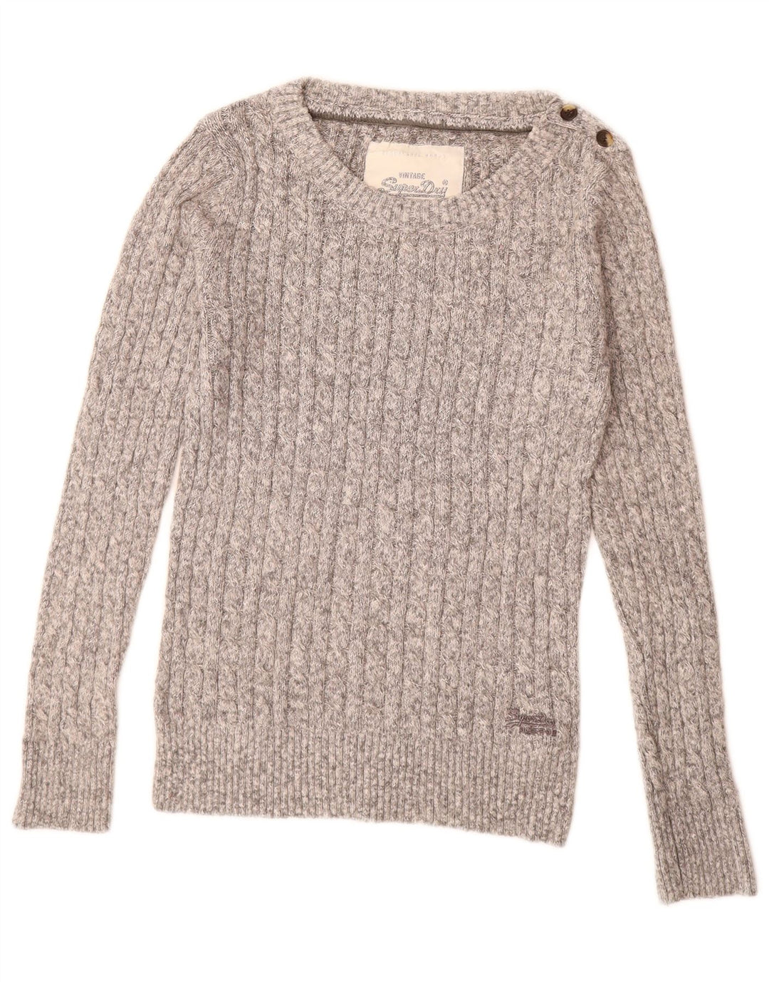 Suéter feminino SUPERDRY com gola canoa Reino Unido 14 grande algodão manchado cinza