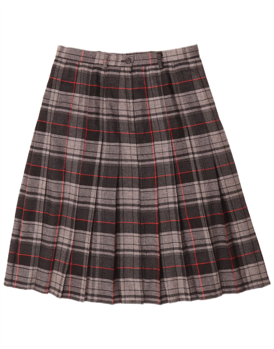 Saia plissada faca feminina vintage W30 poliéster xadrez cinza médio