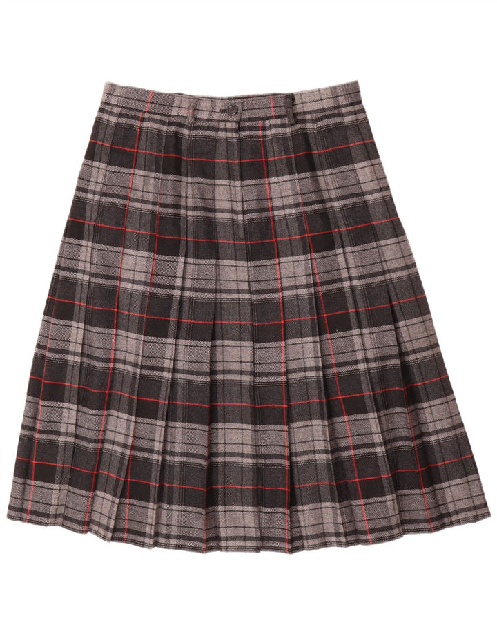 Saia plissada faca feminina vintage W30 poliéster xadrez cinza médio